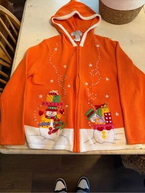 Bright Orange Hooded Holiday Snowman Cardigan Sweater Vintage